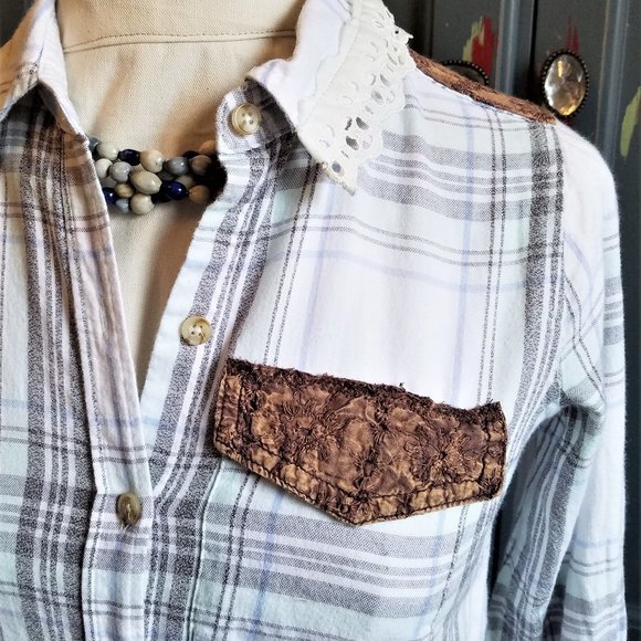 Upcycled Plaid Shirt Lace Eyelet Lace Green Lace OOAK - Picture 1 of 6